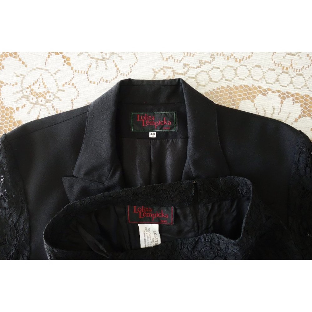 Vintage 80s Lolita Lempicka Black Wool Lace Skirt Suit FR 40 US 6 8 - Picture 6 of 10